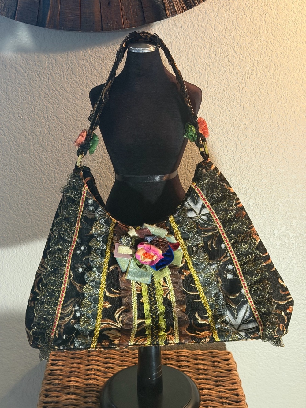 Handmade Tapestry Shoulder Bag Floral Lace Ribbon Boho Artisan Purse Large